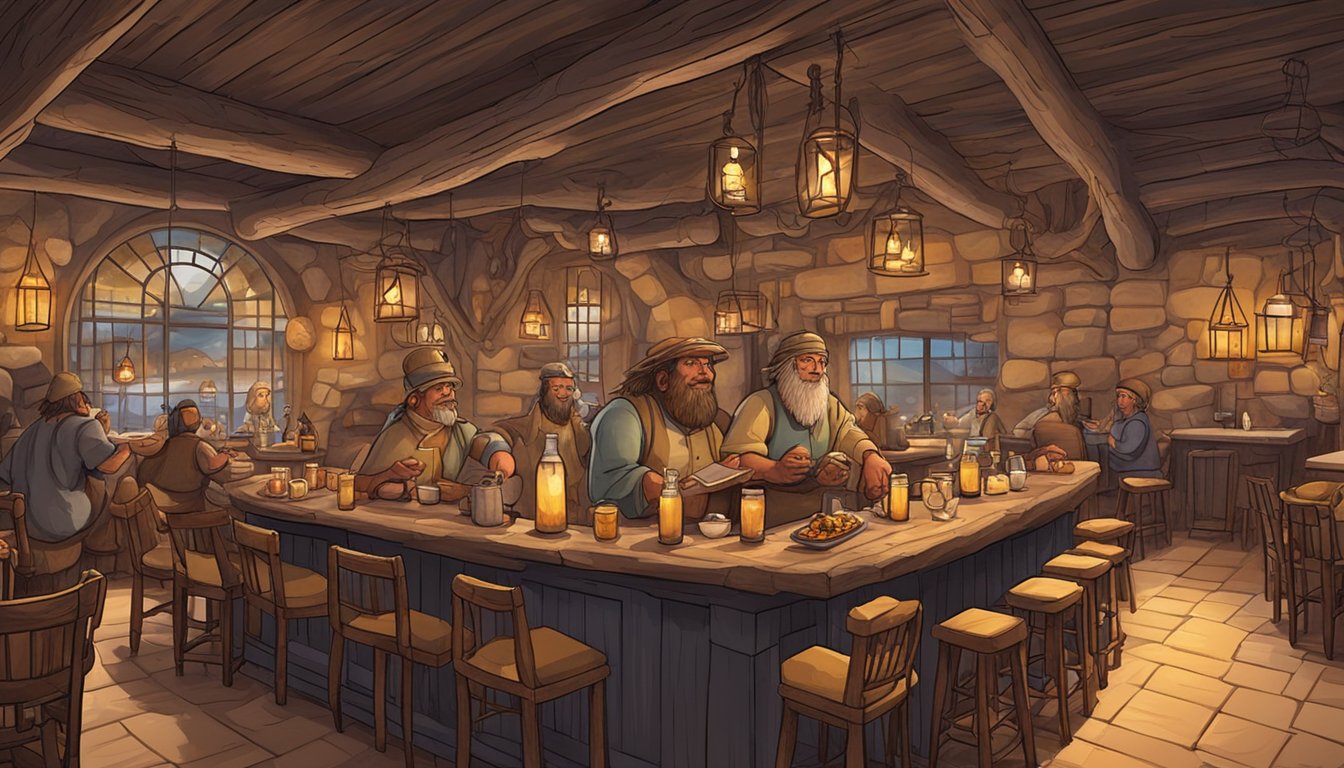 A bustling cavemen restaurant & bar with primitive decor, stone furniture, and flickering torches. Patrons enjoy hearty meals and drinks in a lively atmosphere