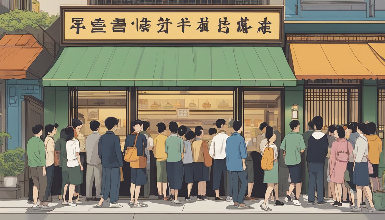 Customers line up outside Ming Chung restaurant, eagerly awaiting their turn to enter. The signboard proudly displays "Frequently Asked Questions" in bold letters, drawing attention to the popular eatery