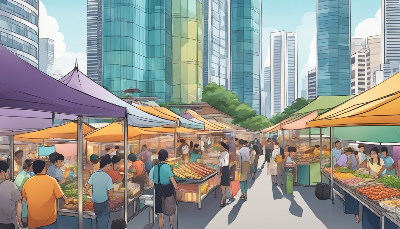 A vibrant street food market with colorful stalls and bustling crowds, set against a backdrop of modern skyscrapers in Singapore