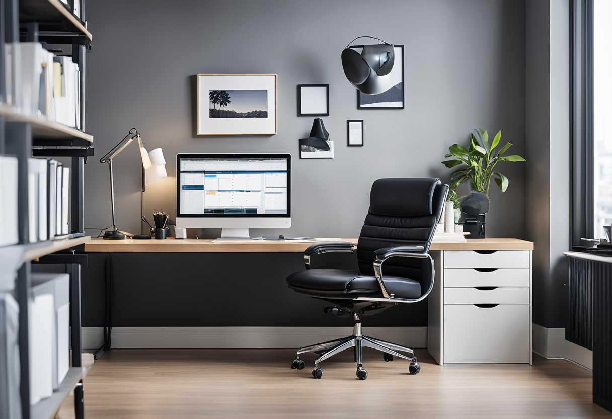 An organized office space with a sleek desk, ergonomic chair, and modern filing cabinet in a bright, spacious room
