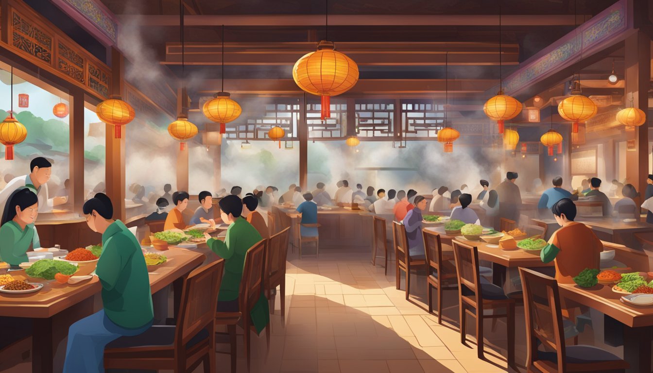 The bustling interior of Hakka Zhan restaurant, with steaming woks and colorful ingredients, fills the air with the aroma of sizzling spices