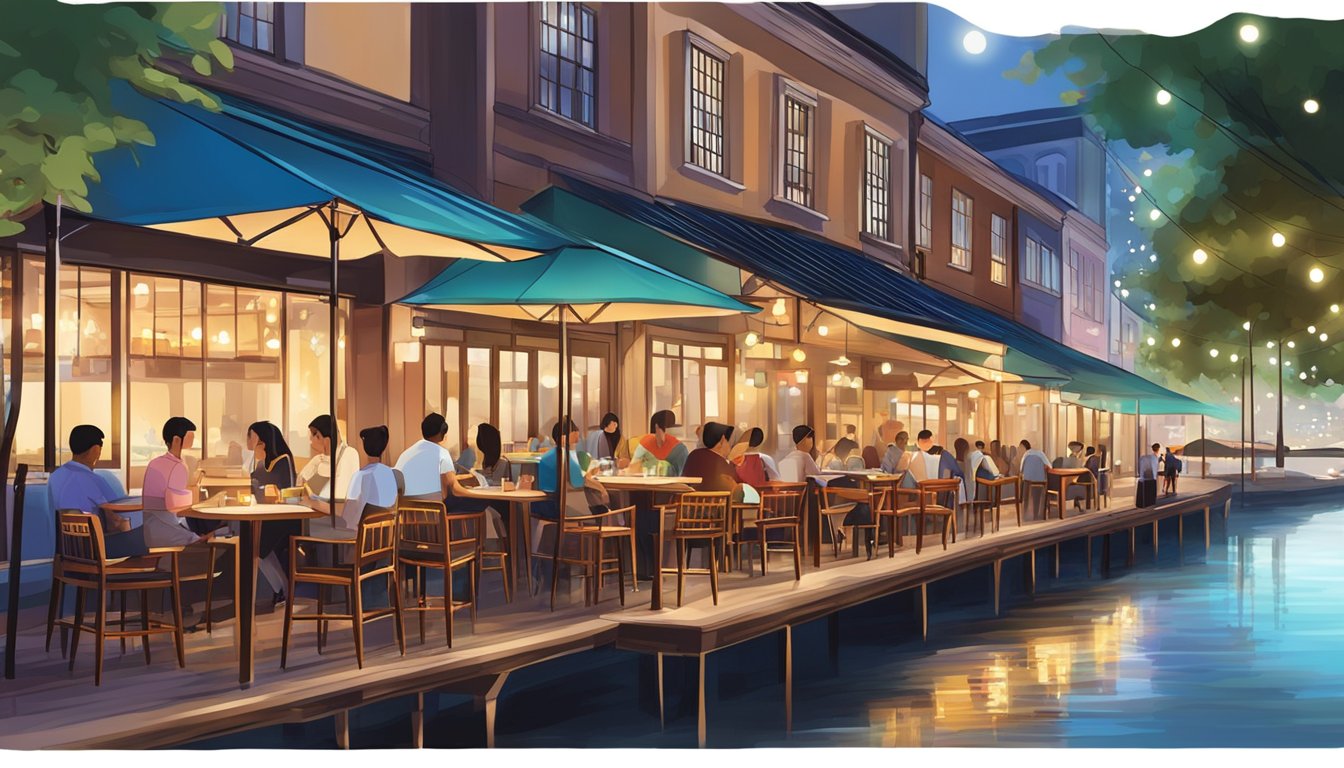 Colorful waterfront restaurants line Robertson Quay, with outdoor seating and twinkling lights reflecting on the river