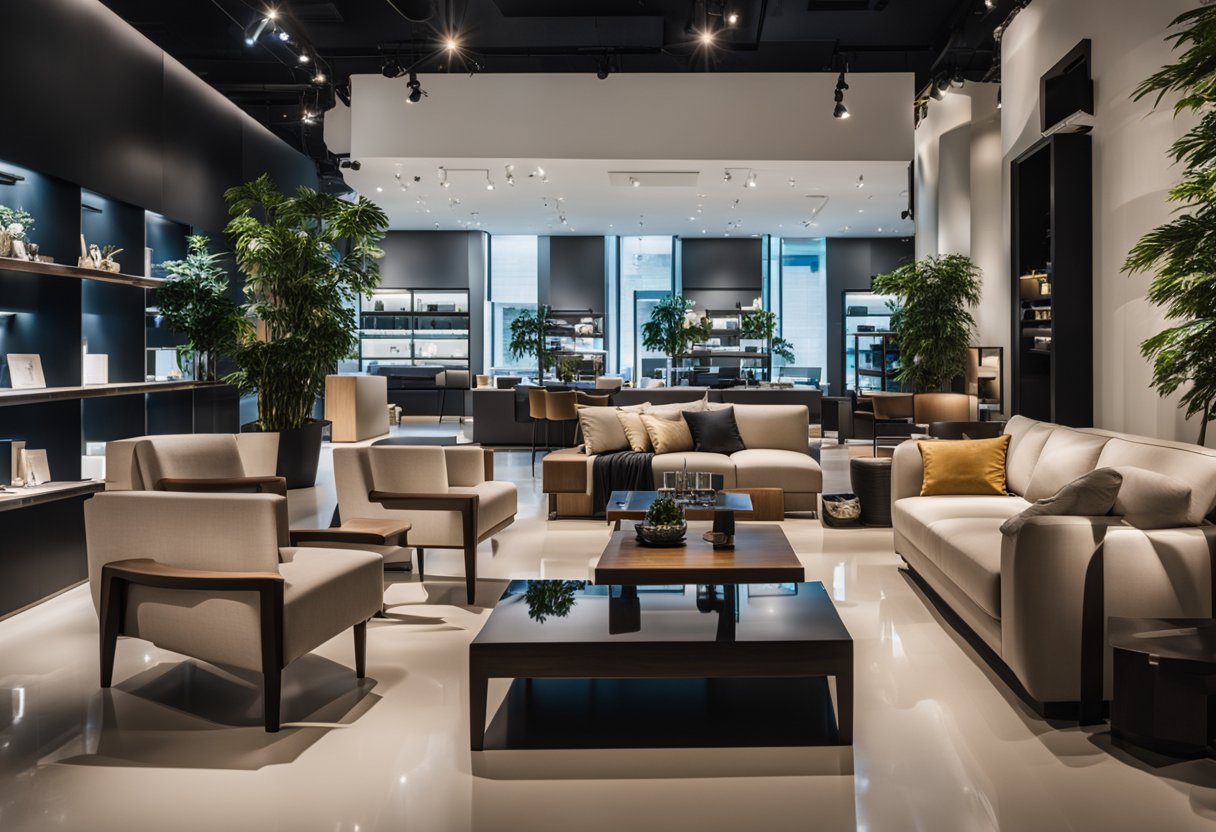 A modern showroom with sleek furniture displays and ambient lighting at Sanzio Furniture Singapore