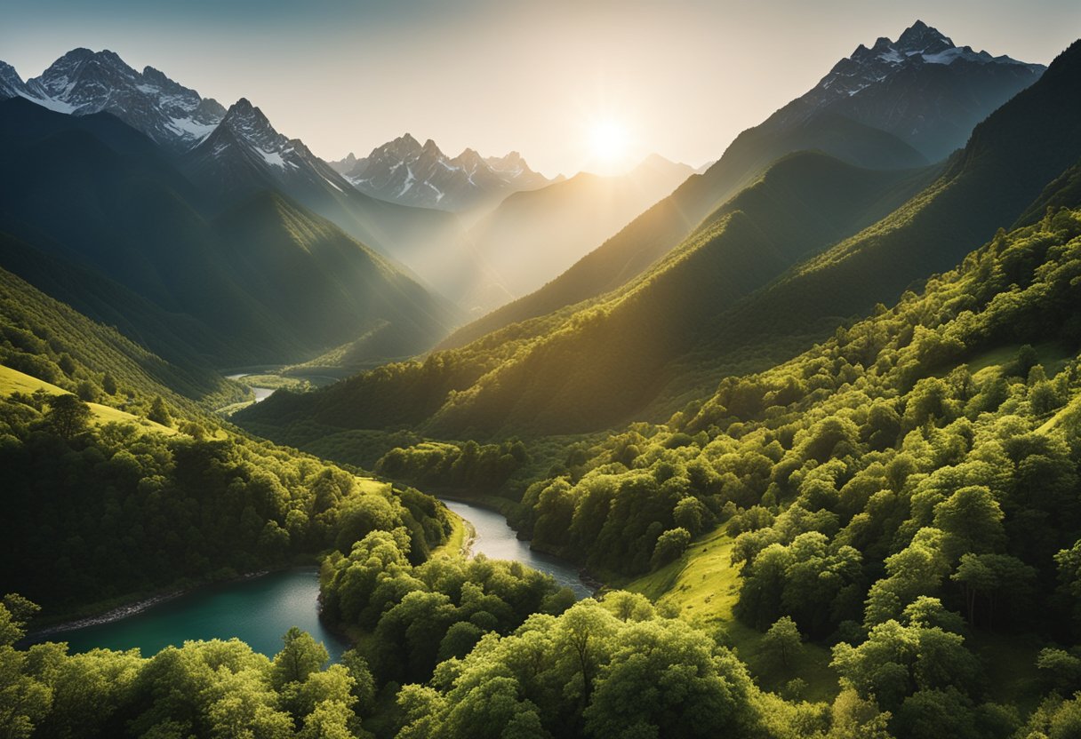 A rugged mountain range with lush greenery and towering peaks, a winding river cutting through the valley, and the sun casting a warm glow over the landscape