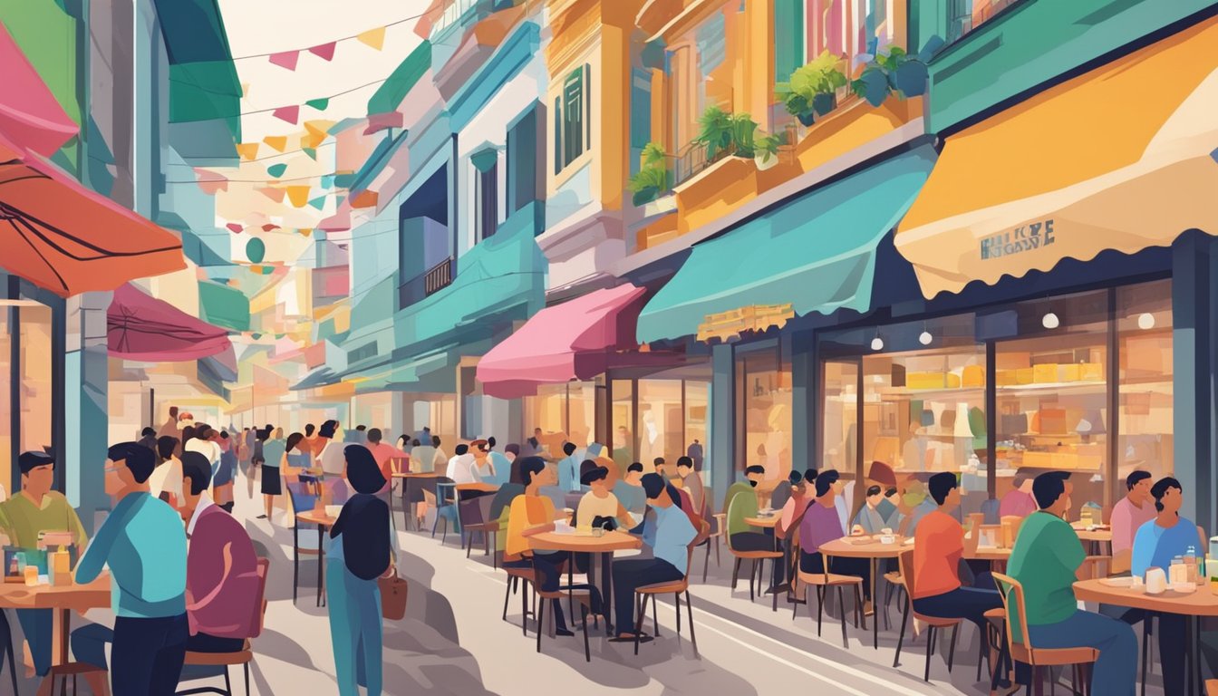 A bustling street lined with trendy restaurants in Singapore, with colorful signage and outdoor seating. A diverse crowd of diners enjoys the vibrant atmosphere