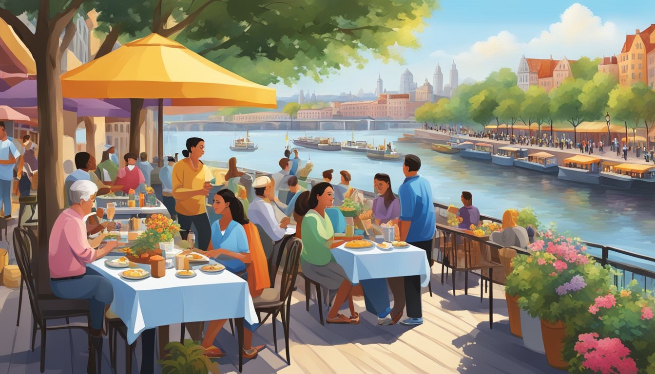 A bustling riverside scene with colorful outdoor dining, lively music, and people strolling along the waterfront. The aroma of diverse cuisines fills the air