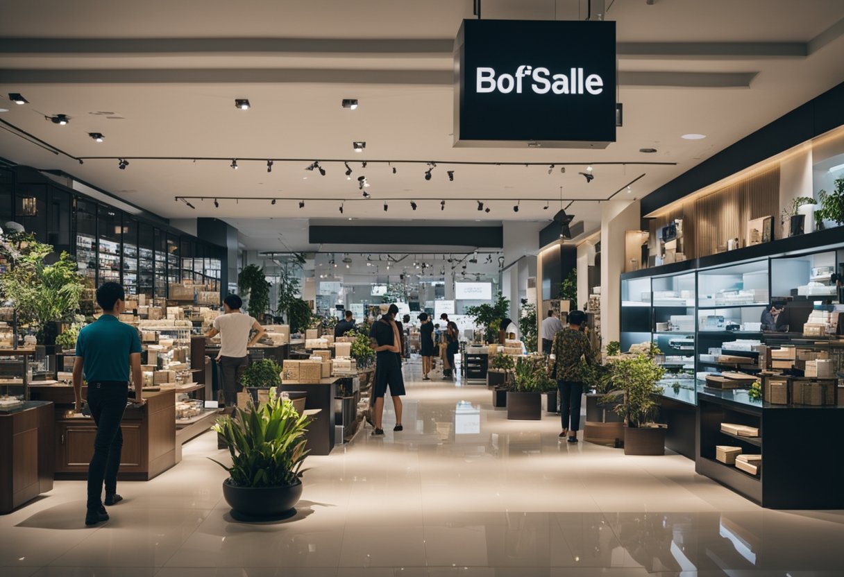 A bustling furniture store in Singapore with bright sale signs and excited shoppers browsing for Black Friday deals