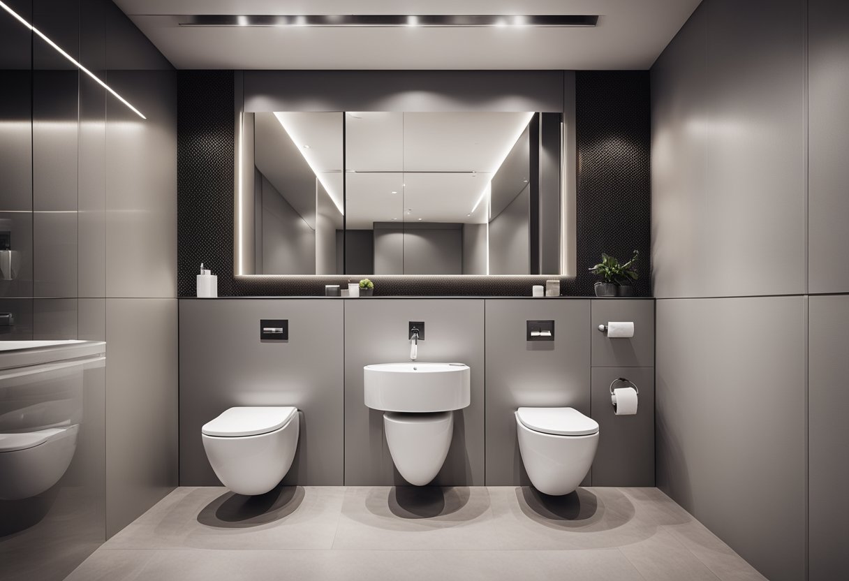 A modern toilet with sleek lines and efficient flush system. Clean, minimalistic design with soft lighting and easy-to-reach accessories