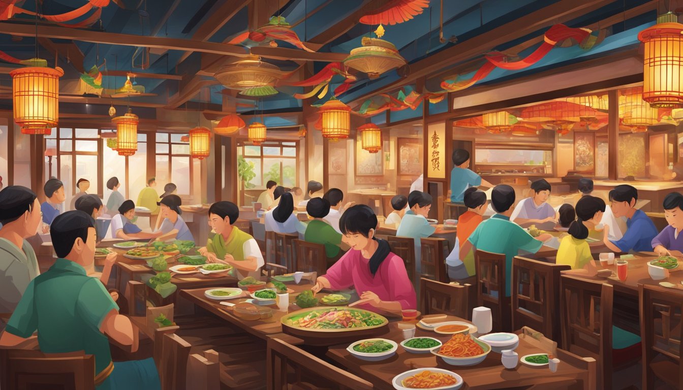 A bustling Hakka Zhan restaurant, filled with colorful decor and the aroma of sizzling woks. Tables are adorned with steaming plates of traditional Hakka cuisine