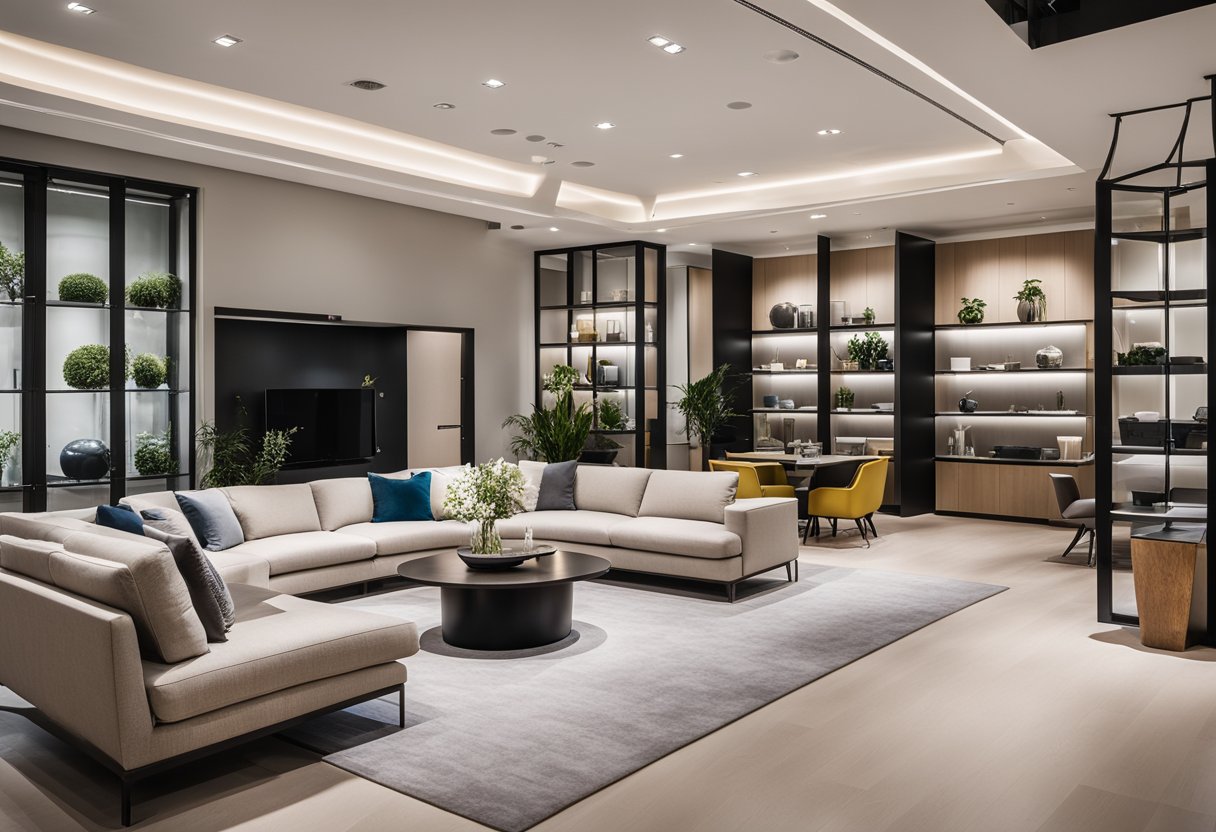 A bright showroom with modern furniture displays, including sleek sofas, elegant dining sets, and stylish decor. The space is well-lit and inviting, with a minimalist aesthetic