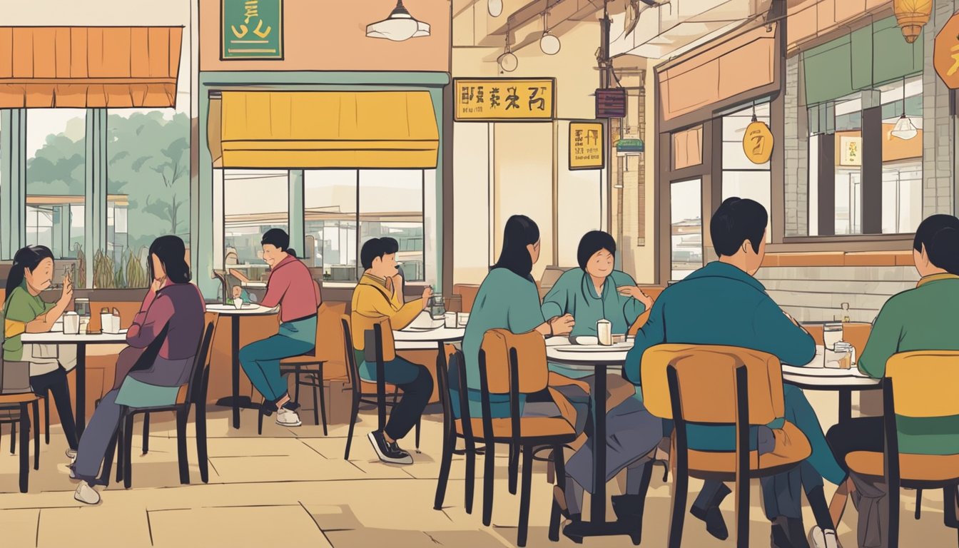 A bustling restaurant with tables, chairs, and a sign reading "Frequently Asked Questions hakka zhan restaurant" in bold lettering. Customers are enjoying their meals and chatting animatedly