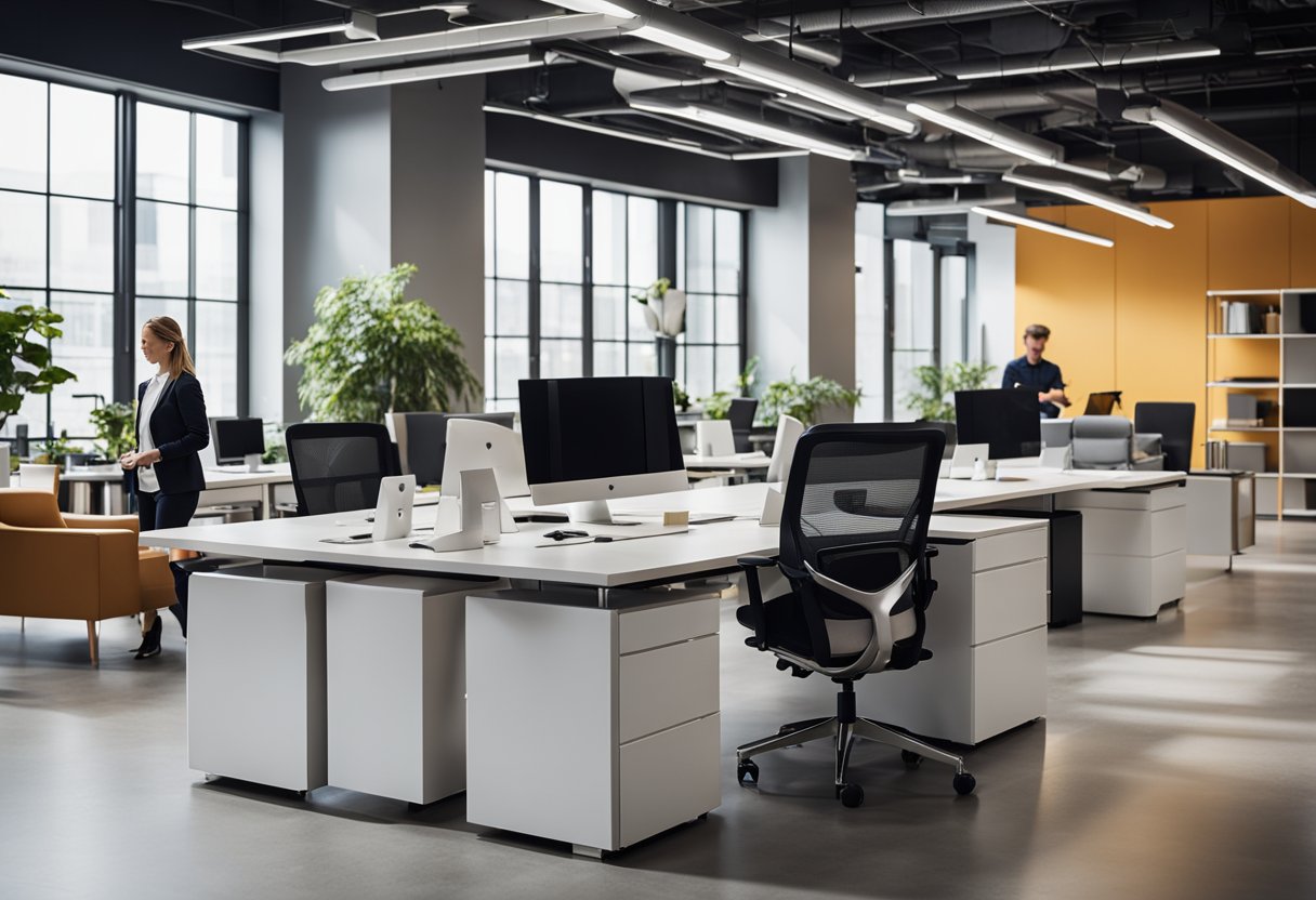 Employees browsing modern office furniture in a spacious showroom with sleek desks, ergonomic chairs, and stylish storage solutions