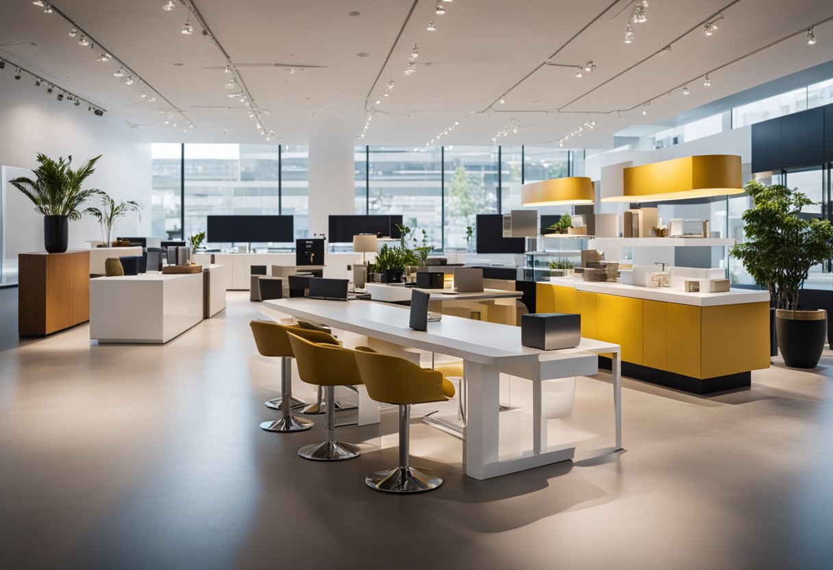 A modern furniture showroom with sleek displays and a customer service desk. Bright lighting and a clean, minimalist aesthetic