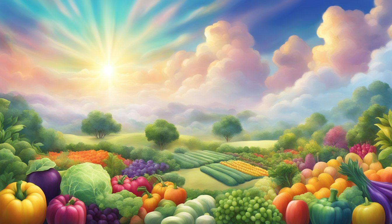 A serene garden with colorful vegetables and fruits, surrounded by ethereal clouds and radiant light