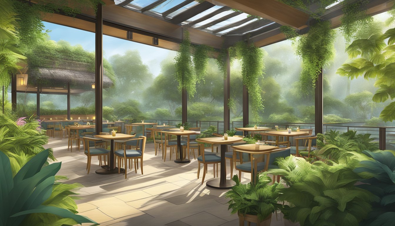The Divine Realm Vegetarian Restaurant is a serene oasis, with lush greenery and tranquil water features. The open-air design allows natural light to filter in, creating a peaceful and inviting atmosphere