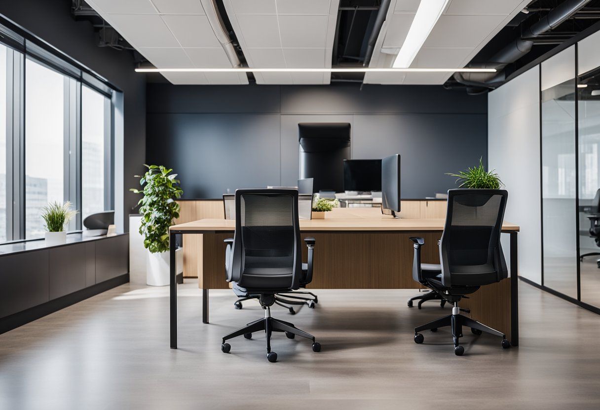 An office space with modern furniture, including desks, chairs, and filing cabinets. A reception area with a sleek, minimalist design. Bright, natural lighting and a clean, organized layout