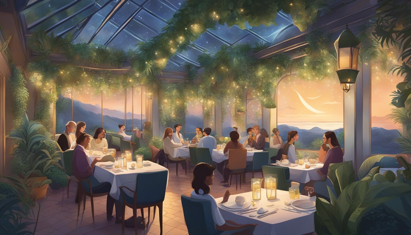A serene, otherworldly restaurant with ethereal lighting and lush greenery. Patrons dine on exquisite plant-based dishes while surrounded by celestial decor