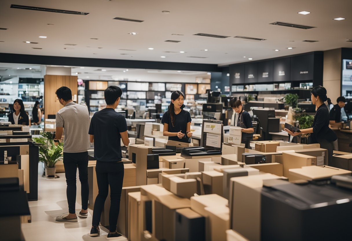 Customers browsing through discounted furniture, staff assisting with inquiries, and signs displaying FAQs for the Black Friday sale in Singapore