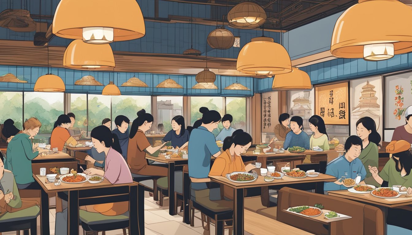 Customers tasting kimchi, bulgogi, and bibimbap at a bustling Korean restaurant in Orchard. Vibrant dishes and traditional decor create an inviting atmosphere