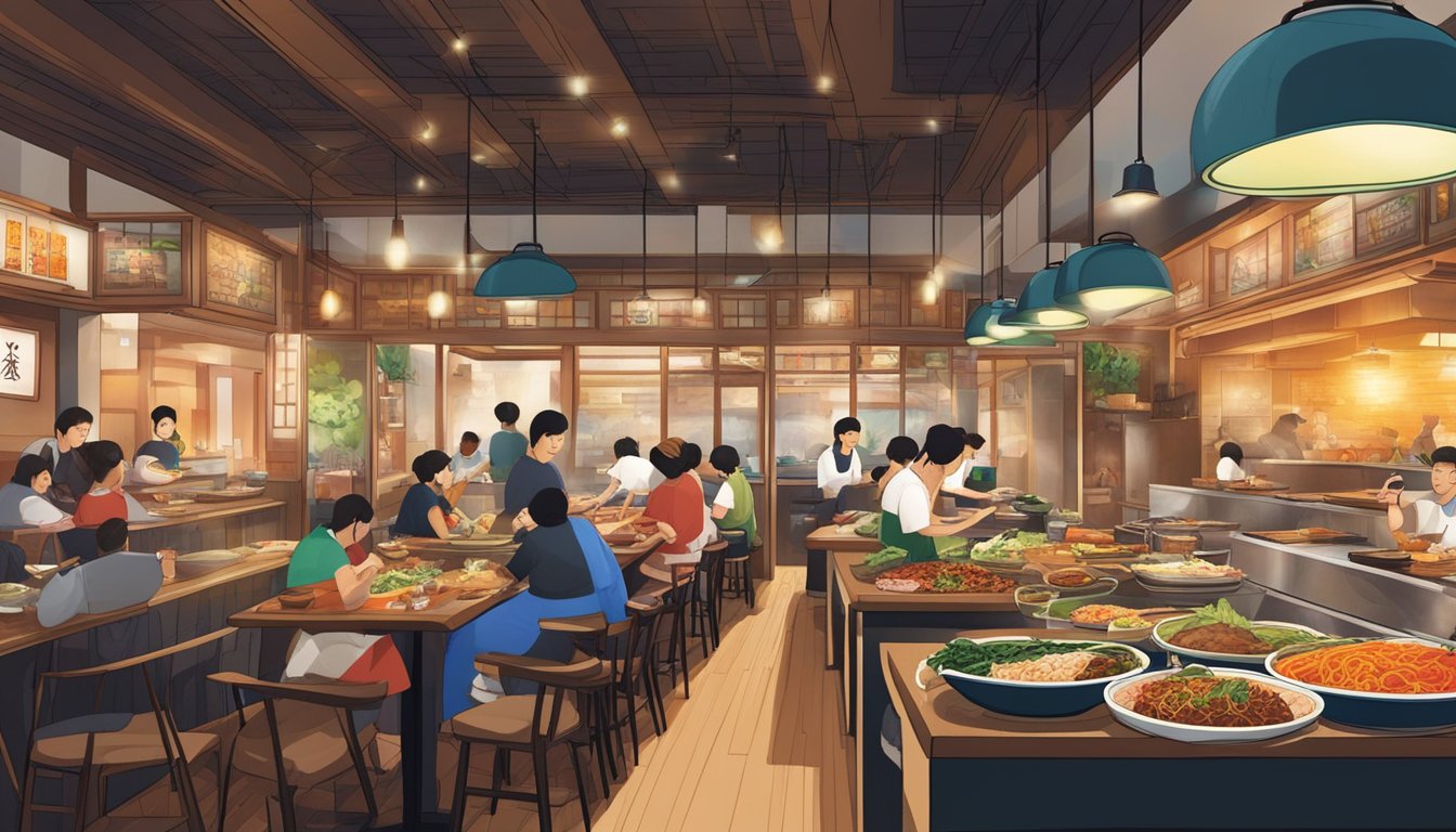 A bustling Korean restaurant in Orchard, with sizzling hotpots, colorful banchan, and steaming bowls of bibimbap on every table. Aromas of grilled meats and spicy kimchi fill the air