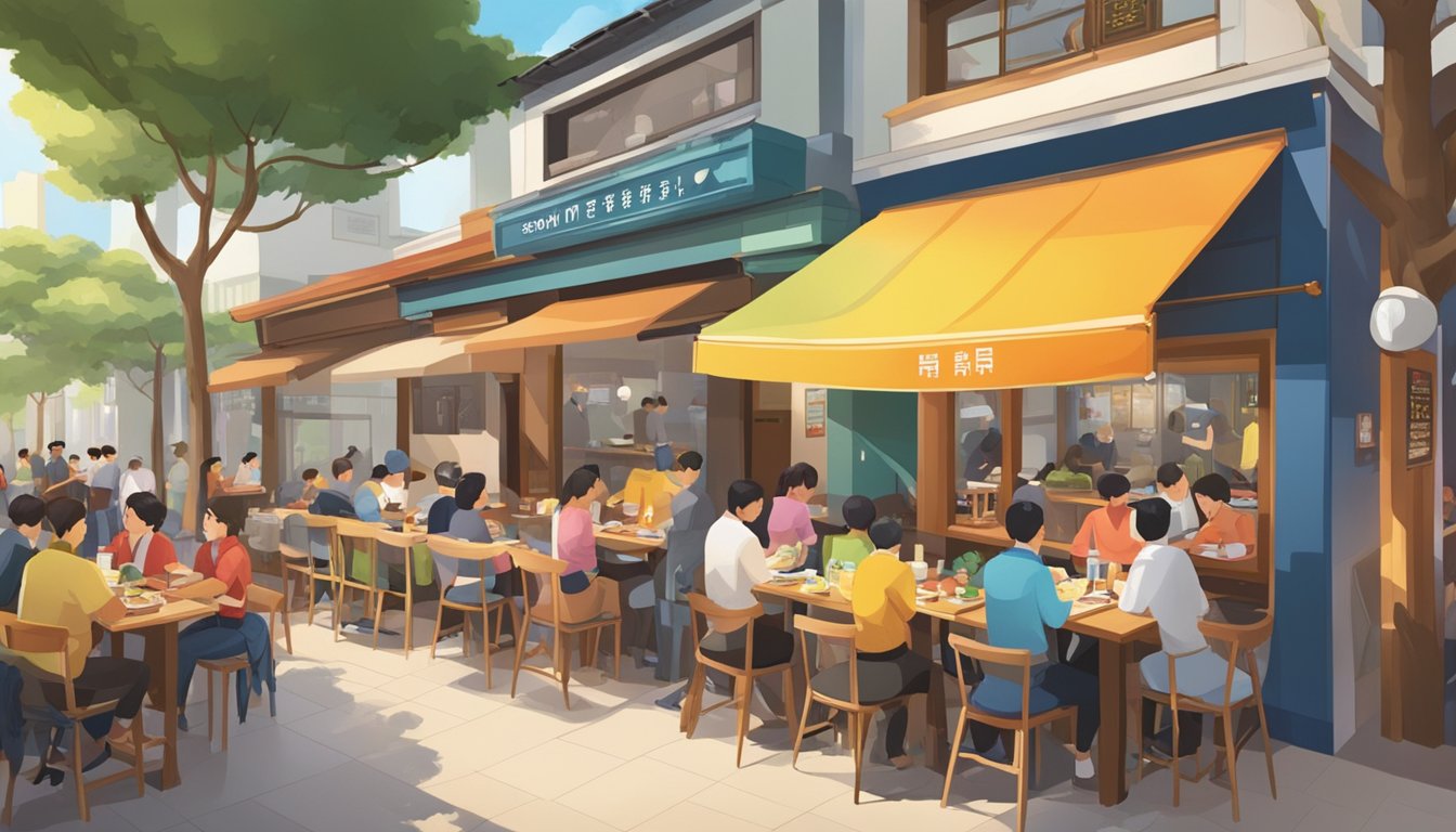 A bustling Korean restaurant in Orchard, with colorful signage and outdoor seating, welcomes a diverse crowd of diners