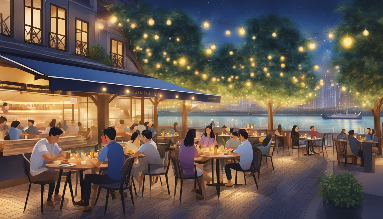 Vibrant outdoor dining along the riverbank with twinkling lights and bustling atmosphere at Robertson Quay restaurants