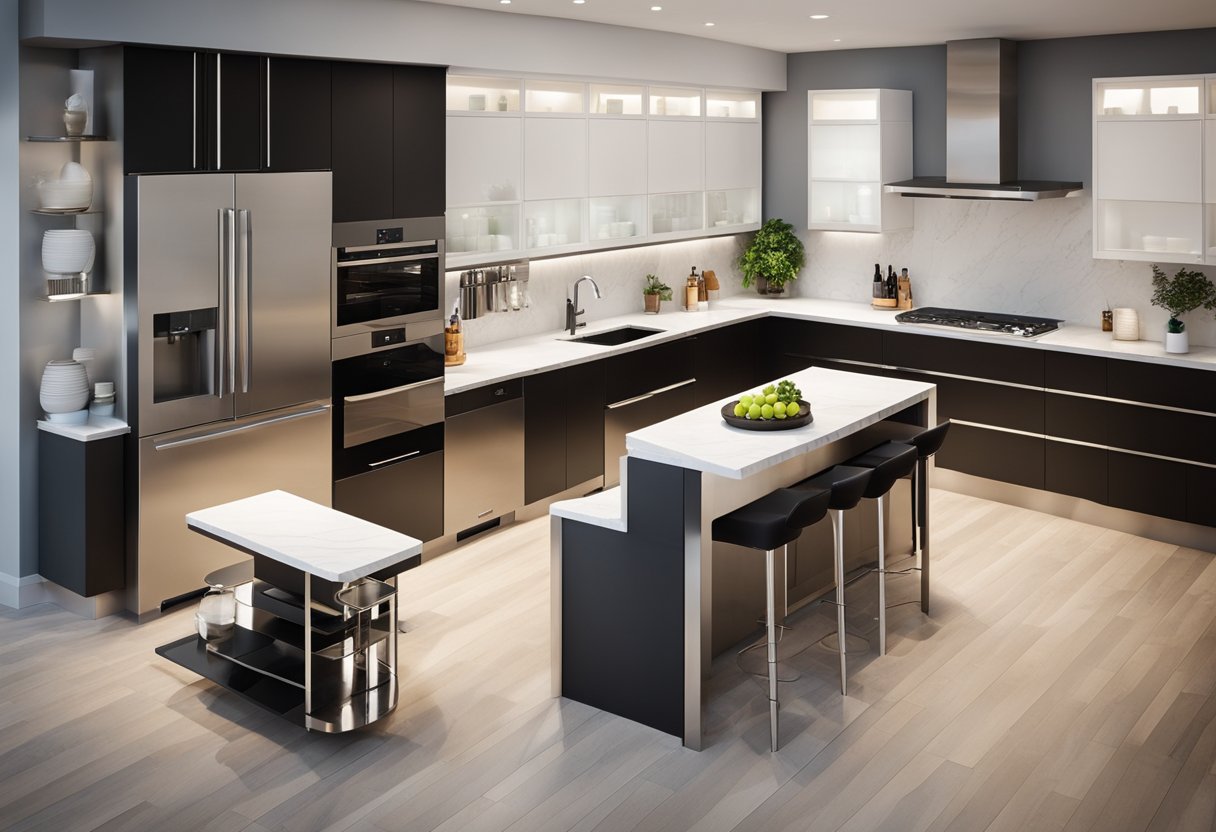 A modern isometric kitchen with sleek countertops, stainless steel appliances, and a central island with bar stools