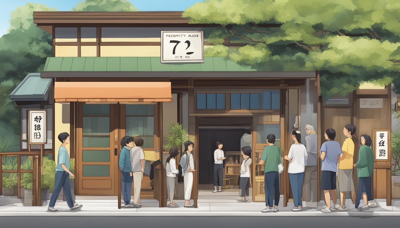 Customers lining up outside Hana Hana Japanese restaurant, with a sign displaying "Frequently Asked Questions" prominently placed at the entrance