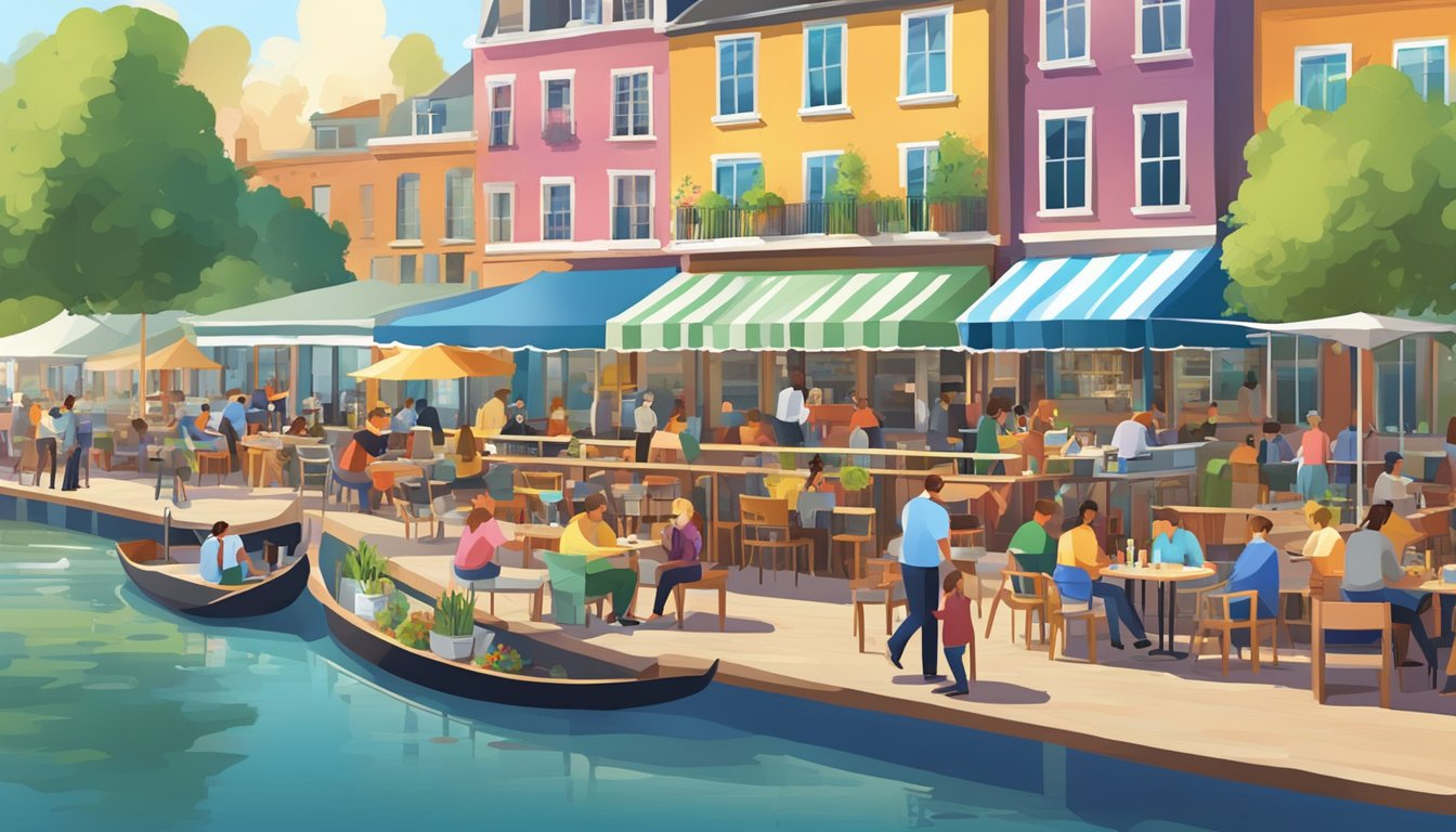 A bustling riverside quay with colorful restaurant signs and outdoor dining areas, with people enjoying meals and socializing