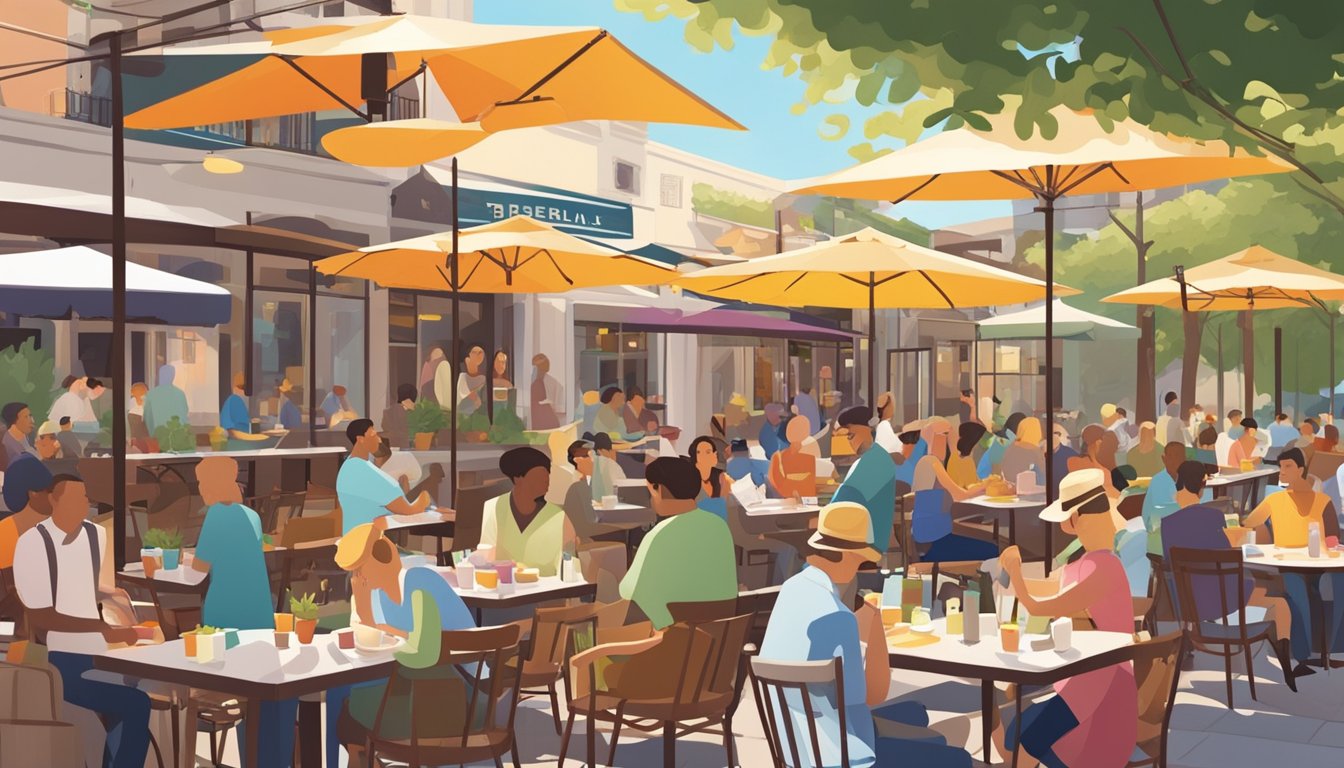 A bustling restaurant patio, filled with happy diners enjoying their meals and chatting with friends. The sun is shining, and colorful umbrellas provide shade over the tables