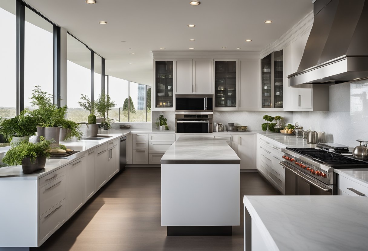 A modern kitchen with sleek cabinets, a spacious island, and stainless steel appliances. The design emphasizes clean lines and functionality