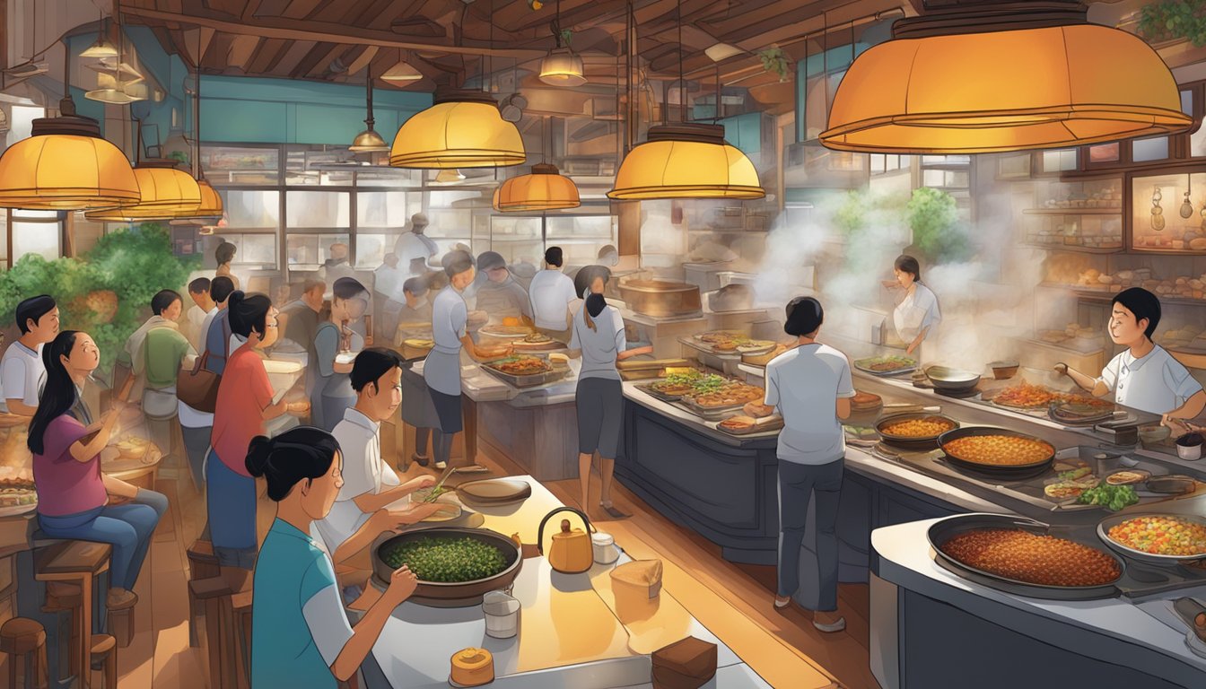 A bustling han restaurant, with steaming pots, sizzling grills, and colorful ingredients on display. Customers chat and laugh amidst the savory aromas