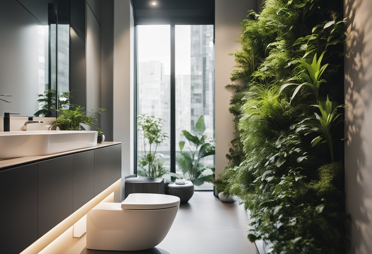 A modern, clean toilet with sleek lines and efficient functionality, surrounded by plants and natural light