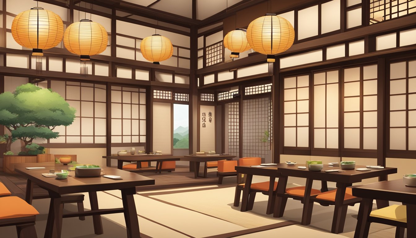 A traditional Japanese restaurant with wooden decor, paper lanterns, and low tables with floor cushions