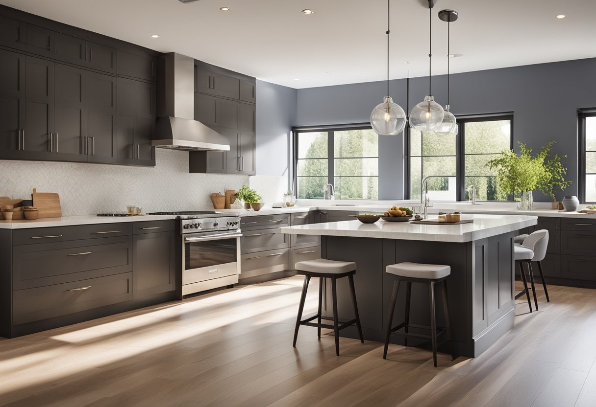 A spacious, modern kitchen with sleek countertops, a large island, and plenty of storage. The room is filled with natural light from the large windows, and there is a cozy breakfast nook in the corner
