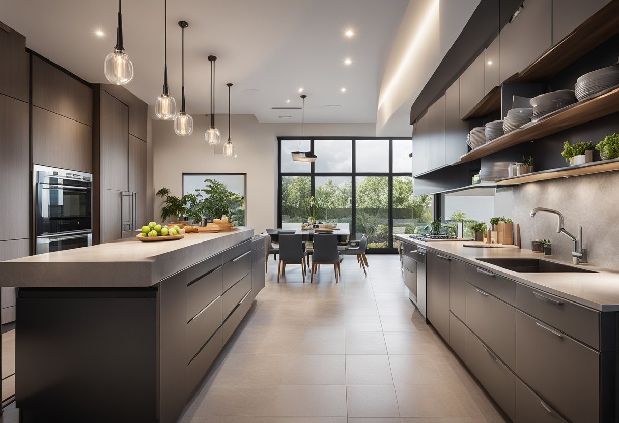 A modern kitchen with isometric perspective, featuring sleek countertops, stainless steel appliances, and hanging pendant lights