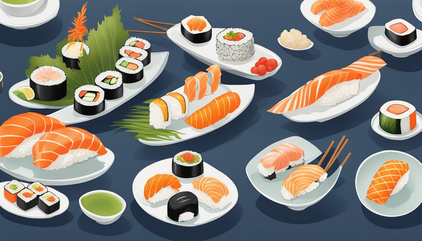 A vibrant display of fresh sushi, sashimi, and tempura arranged on elegant ceramic plates at Otoko Japanese restaurant