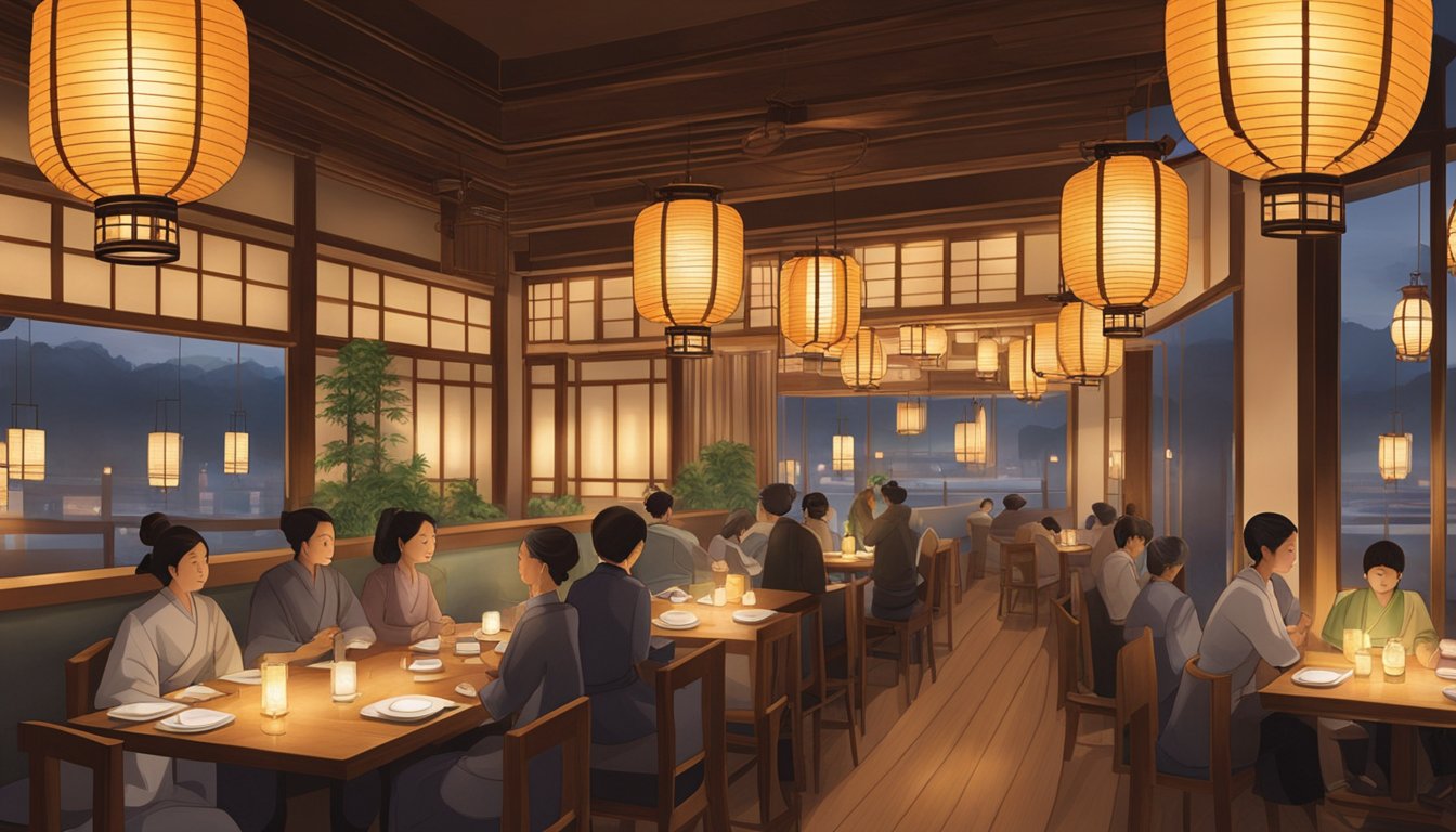 The warm glow of lanterns illuminates the elegant interior of Otoko Japanese restaurant, where attentive servers move gracefully among the tables, creating a serene and welcoming atmosphere