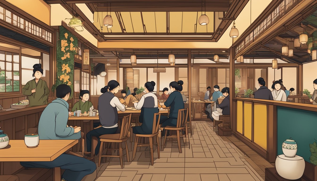A bustling Japanese restaurant with a sign reading "Frequently Asked Questions otoko" and a warm, inviting interior with traditional decor and diners enjoying their meals