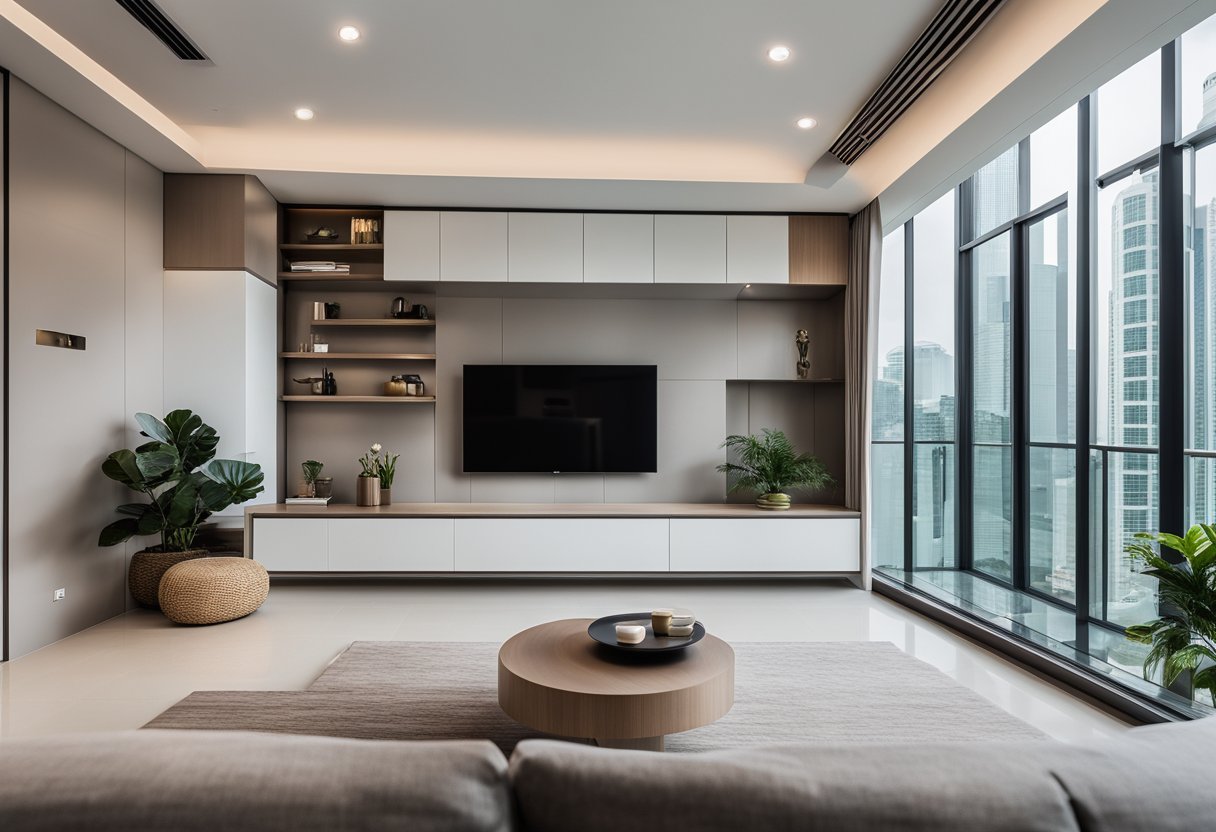 A modern living room with sleek built-in furniture in Singapore. Clean lines, minimalist design, and a touch of luxury