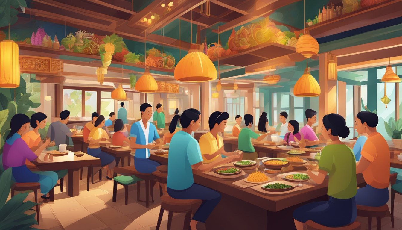 A bustling Thai restaurant with colorful decor, aromatic spices, and smiling waitstaff serving delicious dishes to happy customers