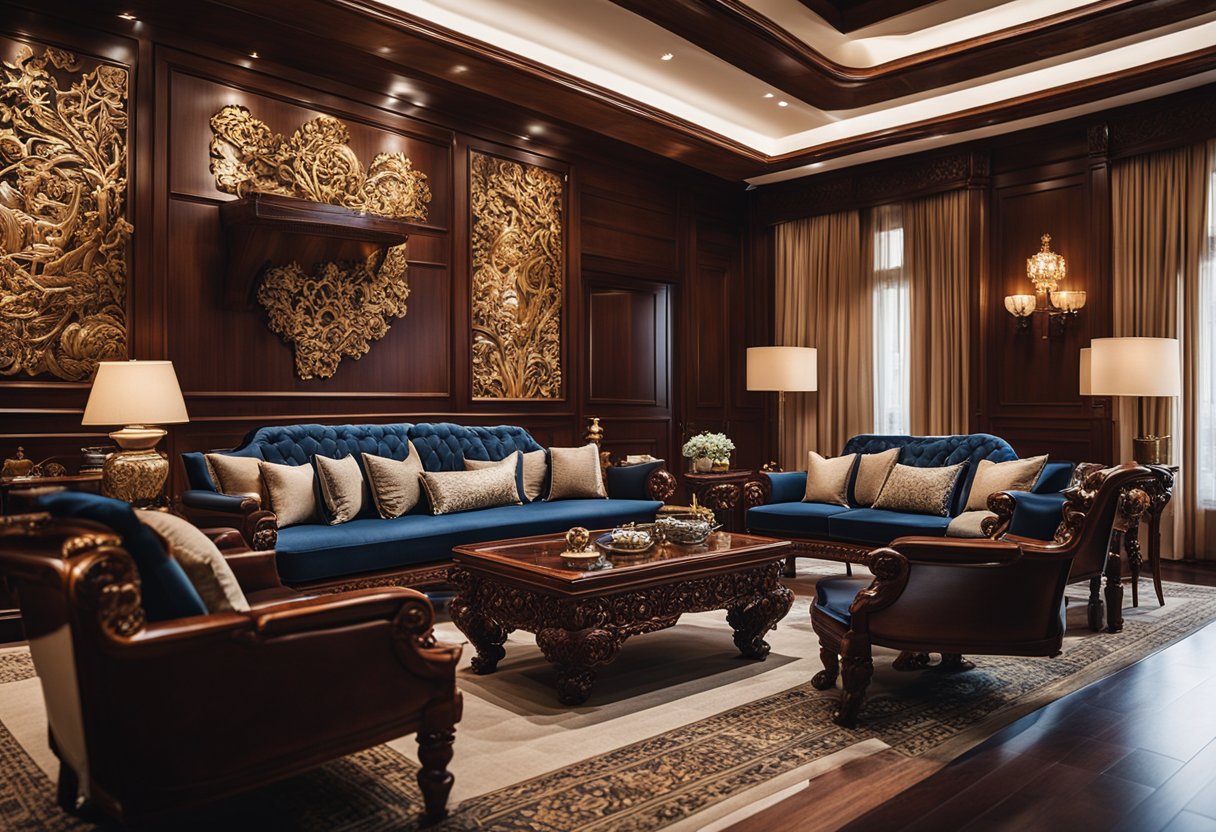A luxurious living room adorned with richly carved rosewood furniture from Singapore. The intricate designs and deep hues of the wood create an elegant and timeless atmosphere