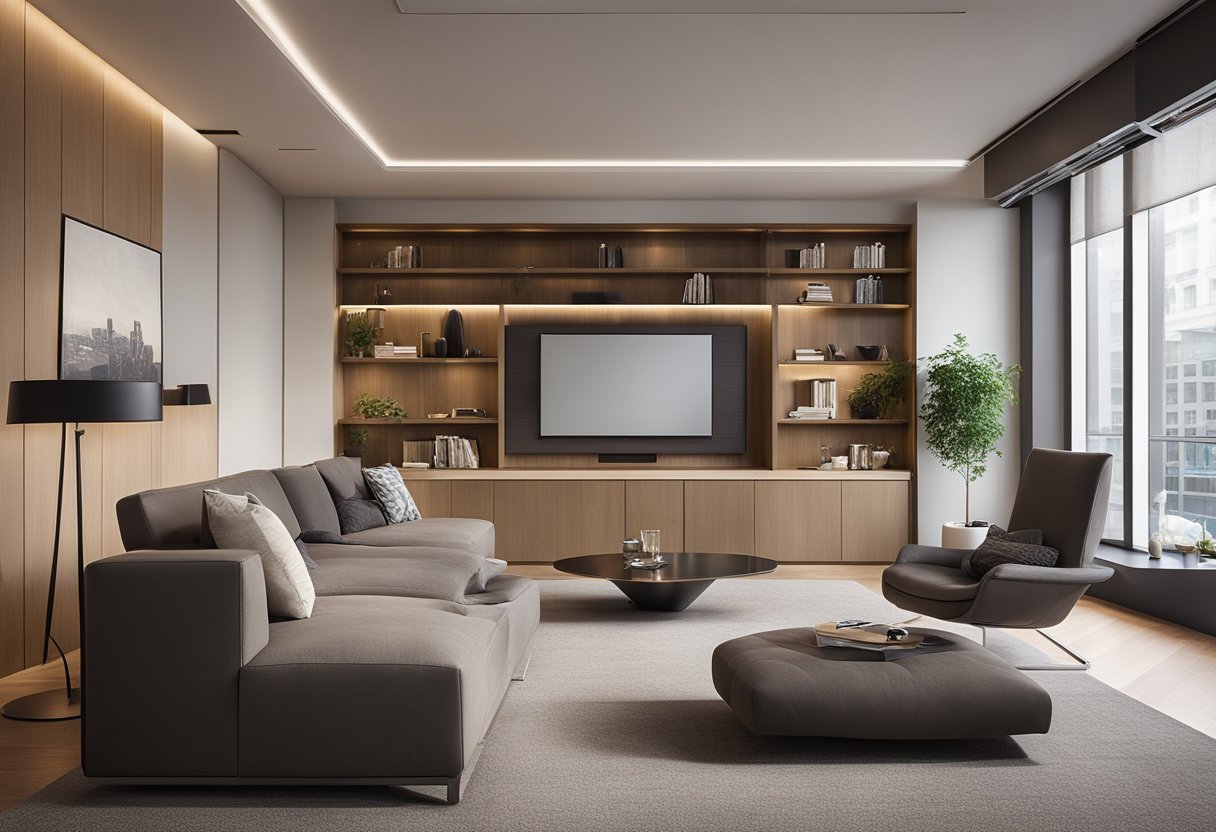 A room with sleek built-in furniture, showcasing various options like wall-mounted shelves, hidden storage compartments, and integrated seating areas
