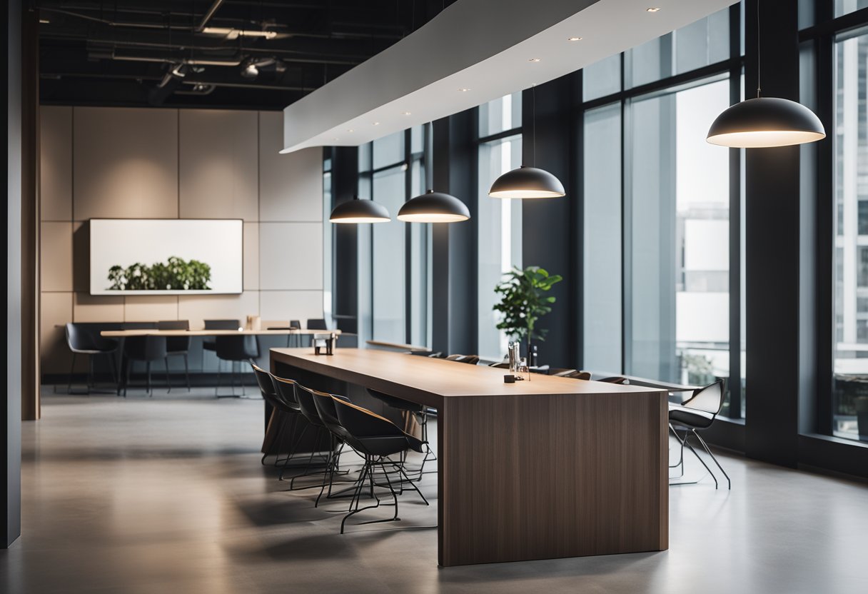 A sleek, modern counter table with clean lines and a minimalist design, positioned in a spacious and well-lit office setting