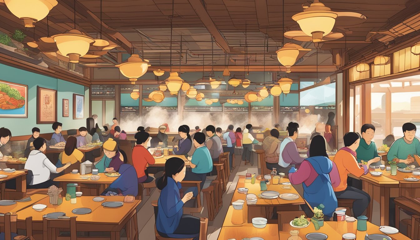The bustling interior of Hoodadak Korean restaurant, filled with diners enjoying sizzling hotpots and savory barbecue dishes. Tables are adorned with colorful side dishes and steaming bowls of rice