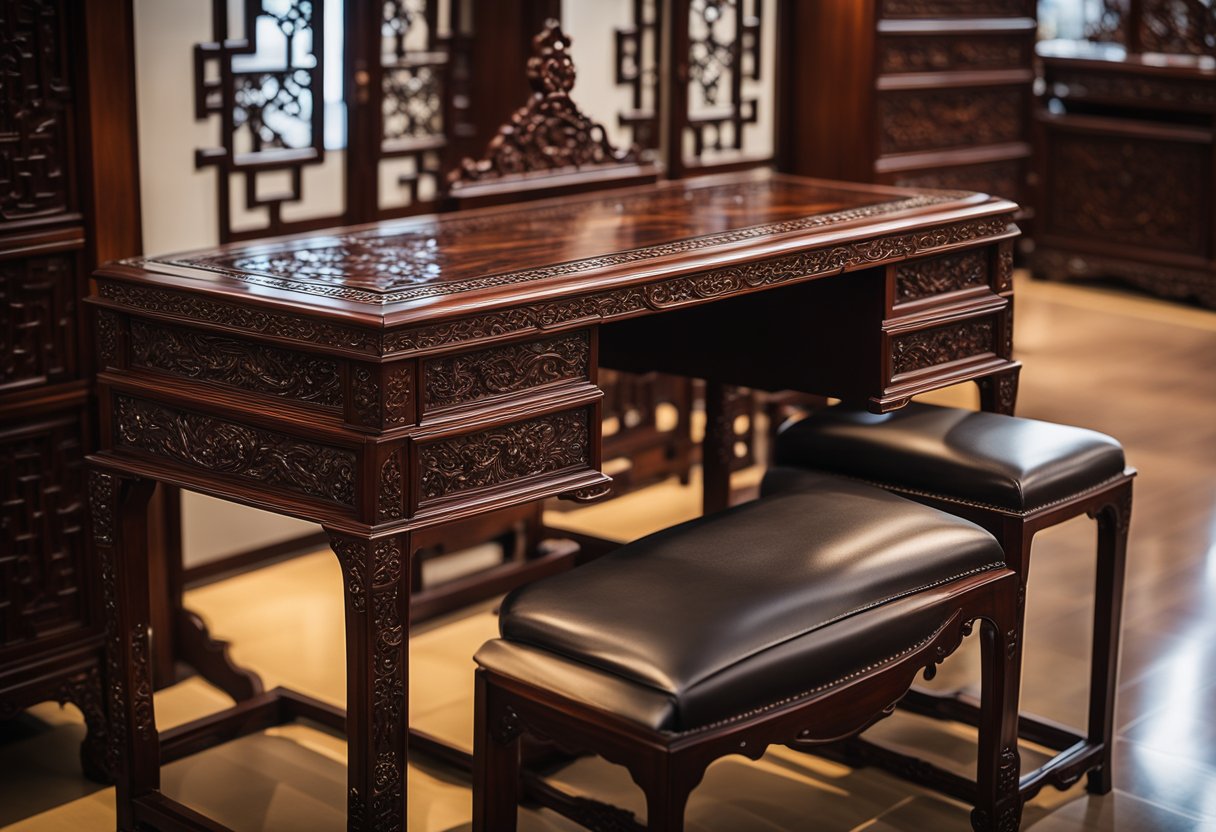 An elegant display of Oriental Rosewood furniture in a Singaporean showroom, showcasing intricate carvings and rich, dark wood tones