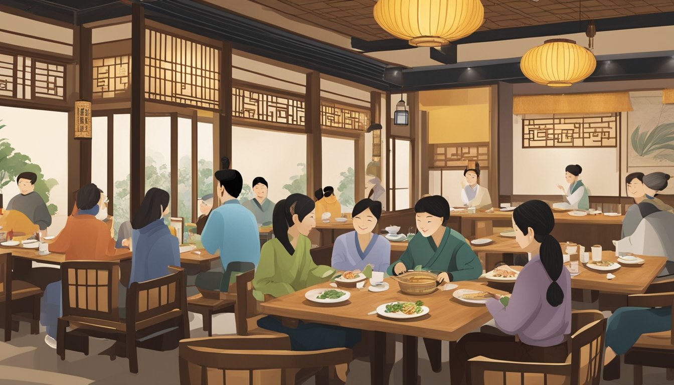 Customers enjoying traditional Korean dishes at "Plan Your Visit" han restaurant. Decor features bamboo accents and traditional Korean artwork