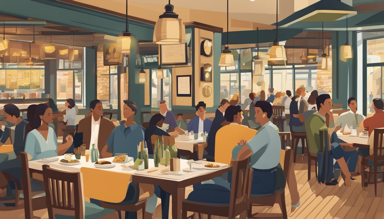 A bustling restaurant with a sign "Frequently Asked Questions" in bold. Tables filled with patrons, waiters bustling about. A warm, inviting atmosphere
