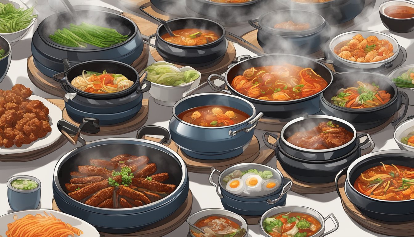 A bustling Korean restaurant with steaming pots and sizzling grills, filled with the aroma of spicy kimchi and savory bulgogi
