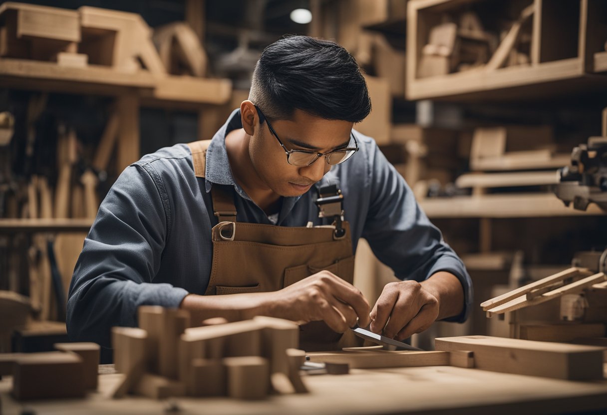 A craftsman measures, cuts, and assembles wood pieces in a workshop, surrounded by tools and materials for customizing furniture in Singapore